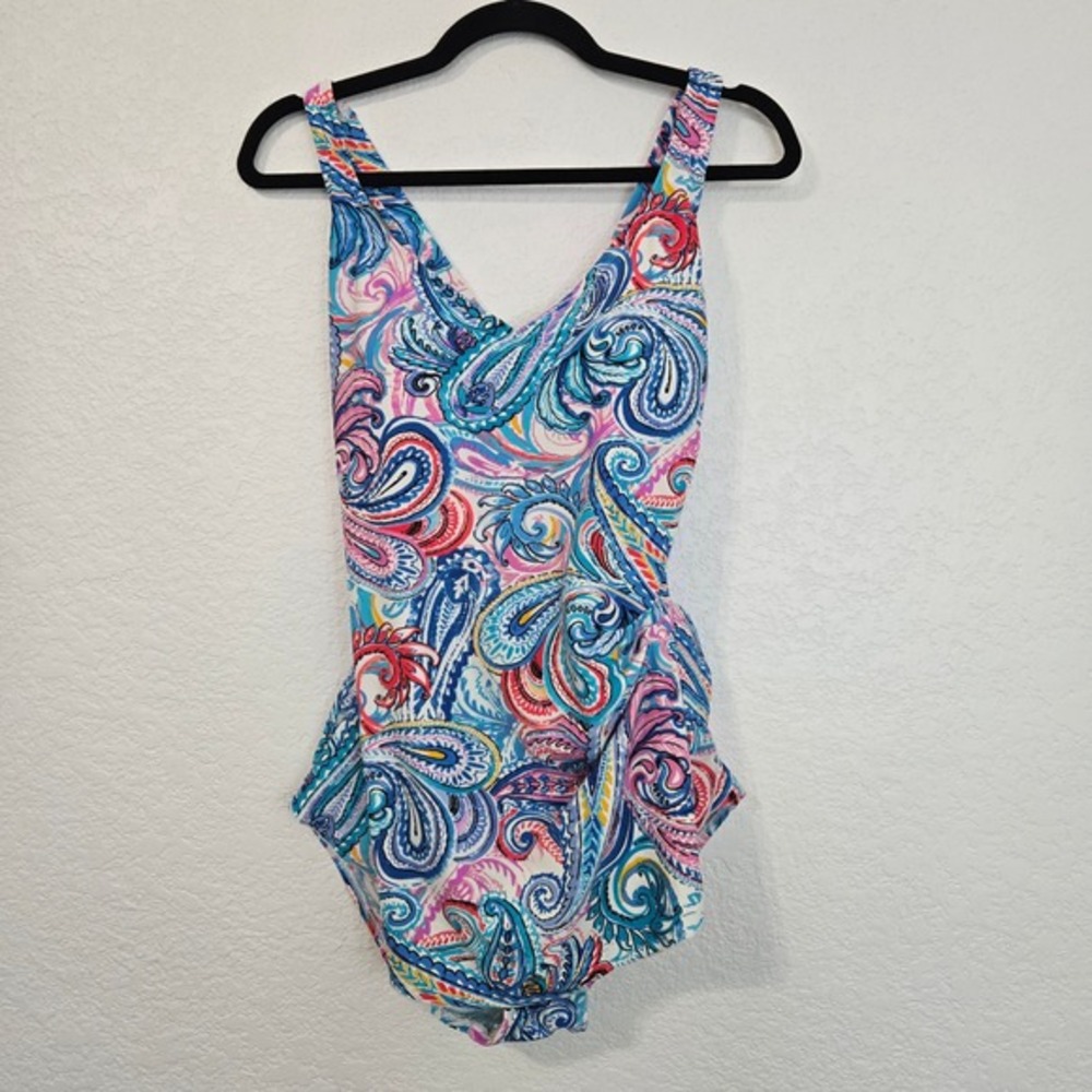 Maxine of Hollywood 14 Colorful Paisley One‎ Piece Swimsuit V Neck Ruched Side